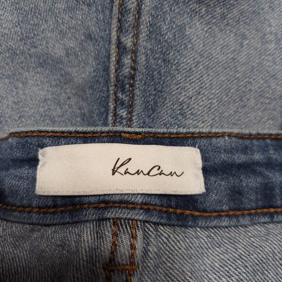 KanCan Junior's Medium Wash Button Fly Distressed Raw Hem Blue Denim Jean Shorts - Picture 5 of 6